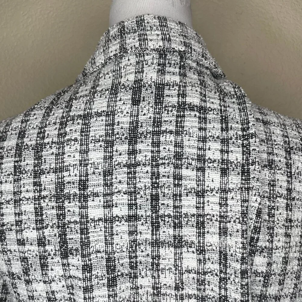 Melloday Black White Plaid Open Front Cotton Blend Longline Coat Jacket M